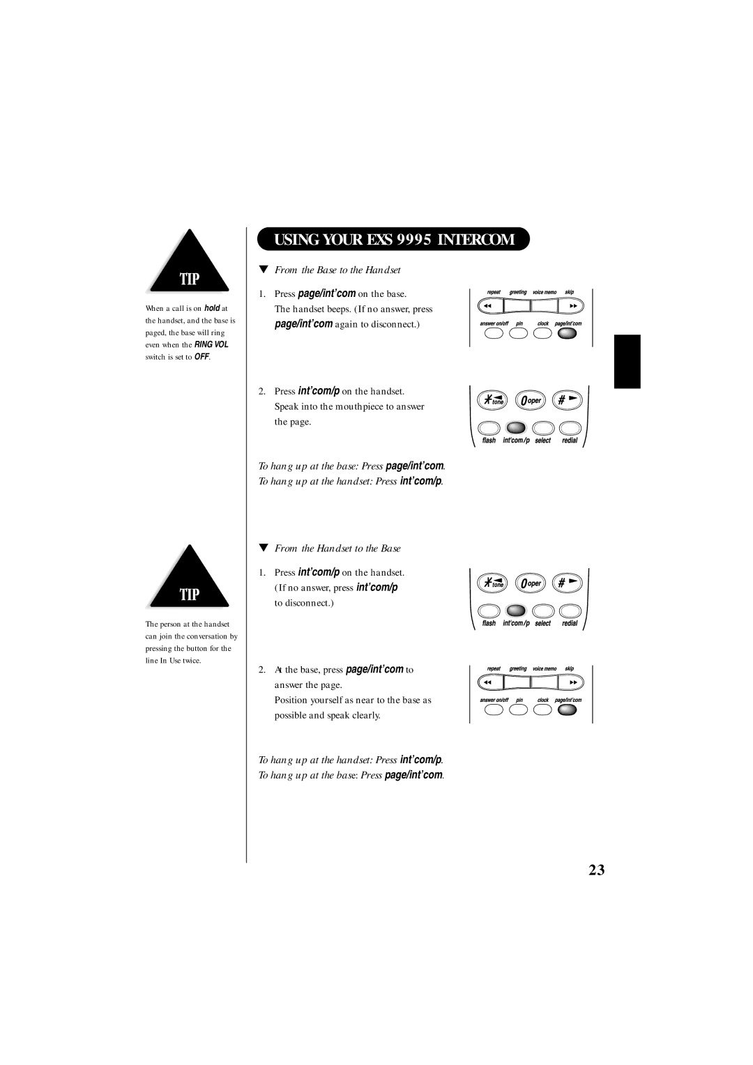 Uniden manual Using Your EXS 9995 Intercom, From the Base to the Handset, Press page/int’com on the base 