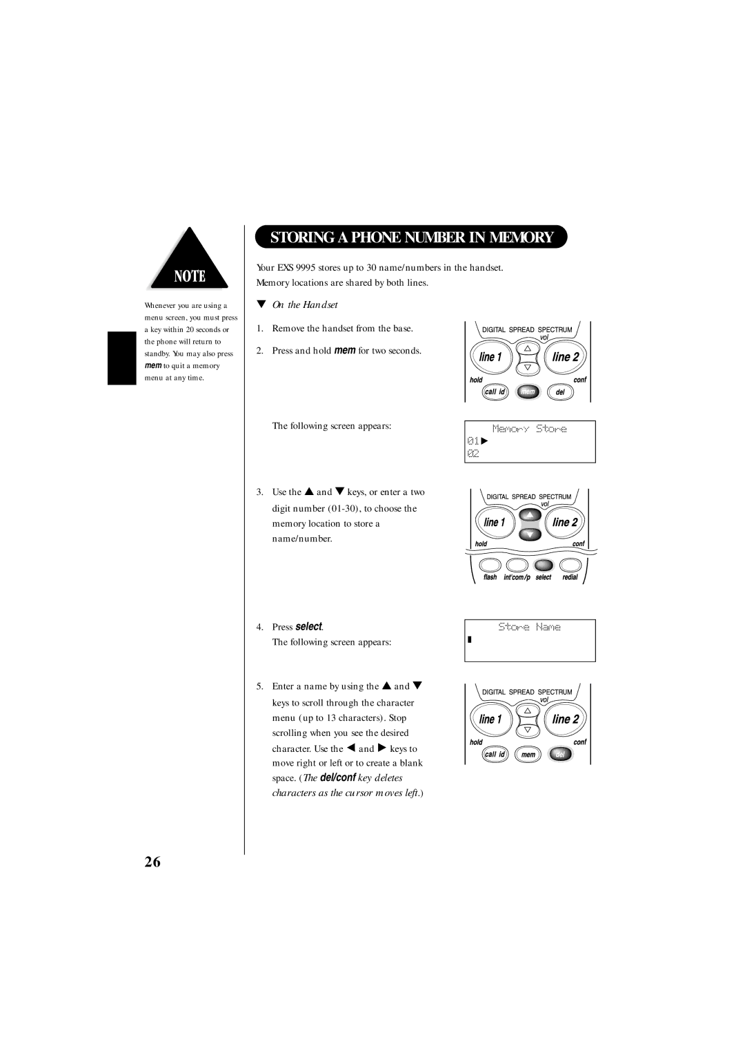 Uniden EXS 9995 manual Storing a Phone Number in Memory, On the Handset 