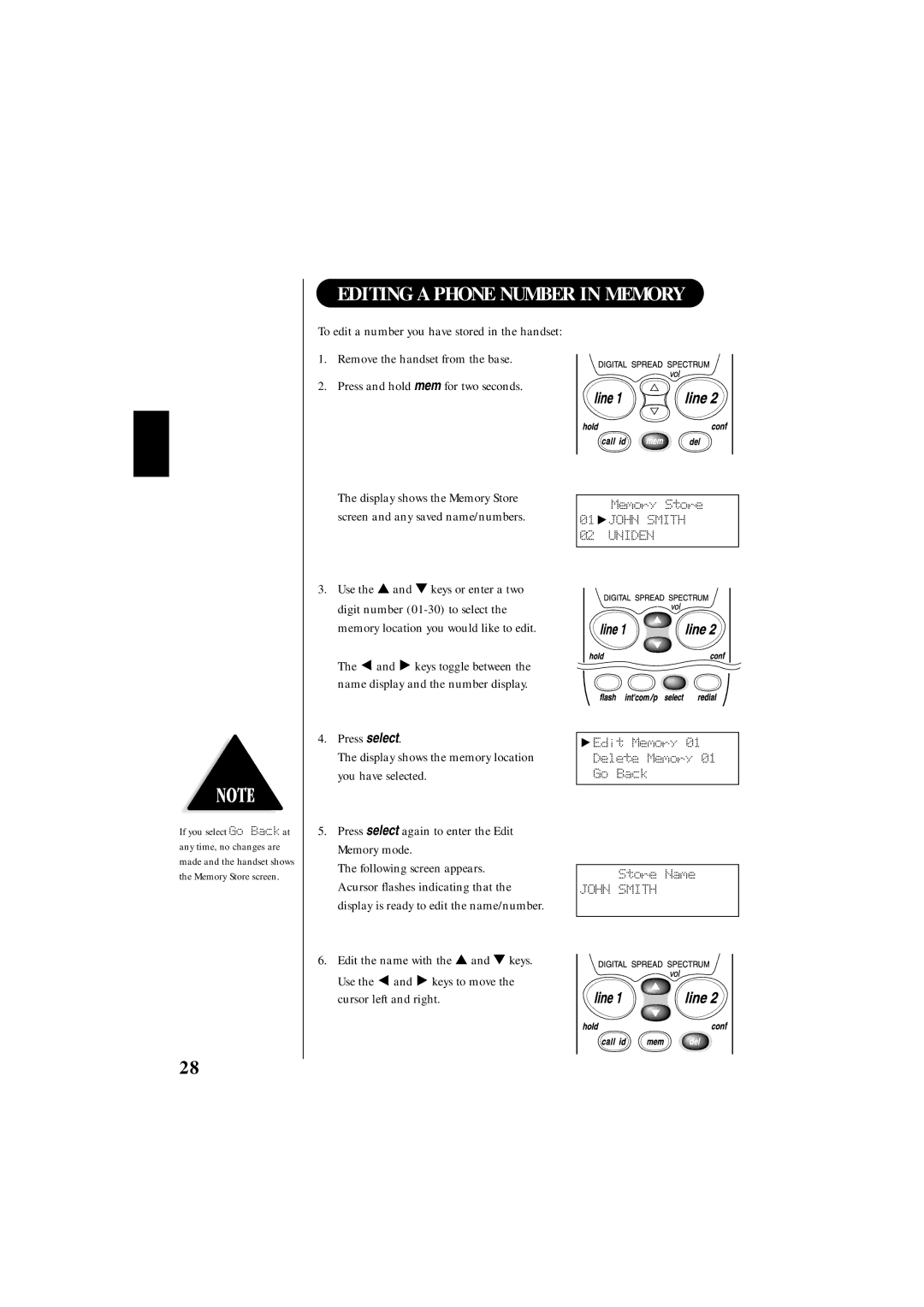 Uniden EXS 9995 manual Editing a Phone Number in Memory 