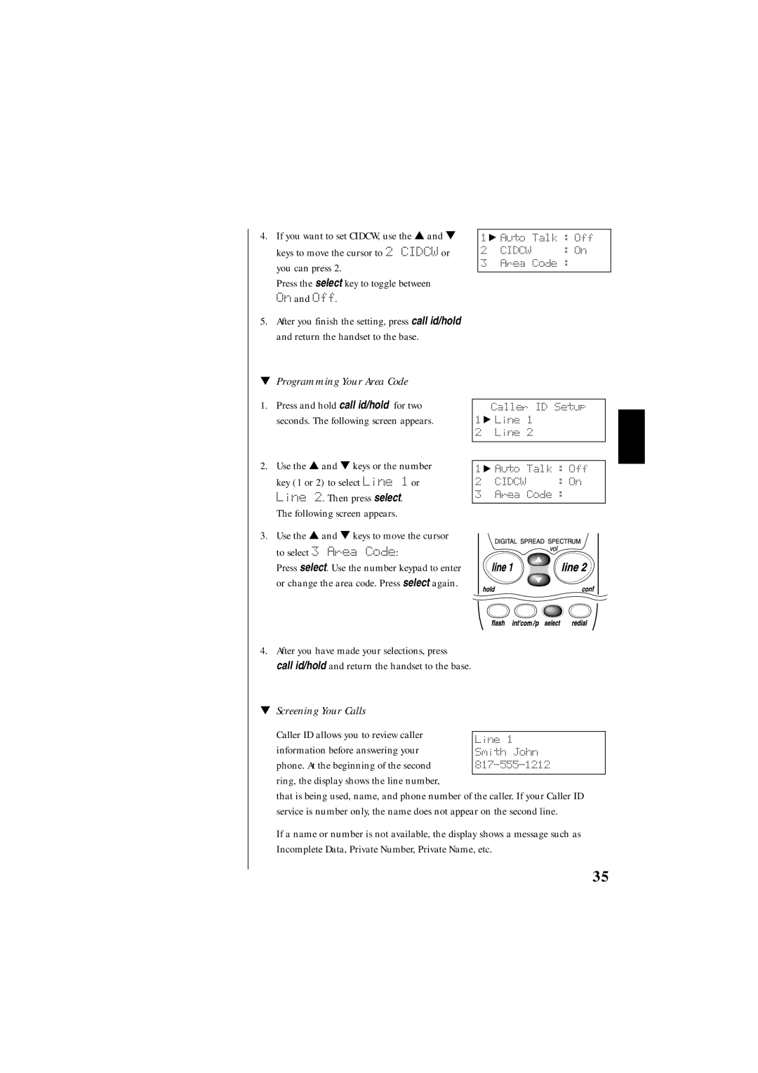 Uniden EXS 9995 manual Programming Your Area Code, Screening Your Calls 