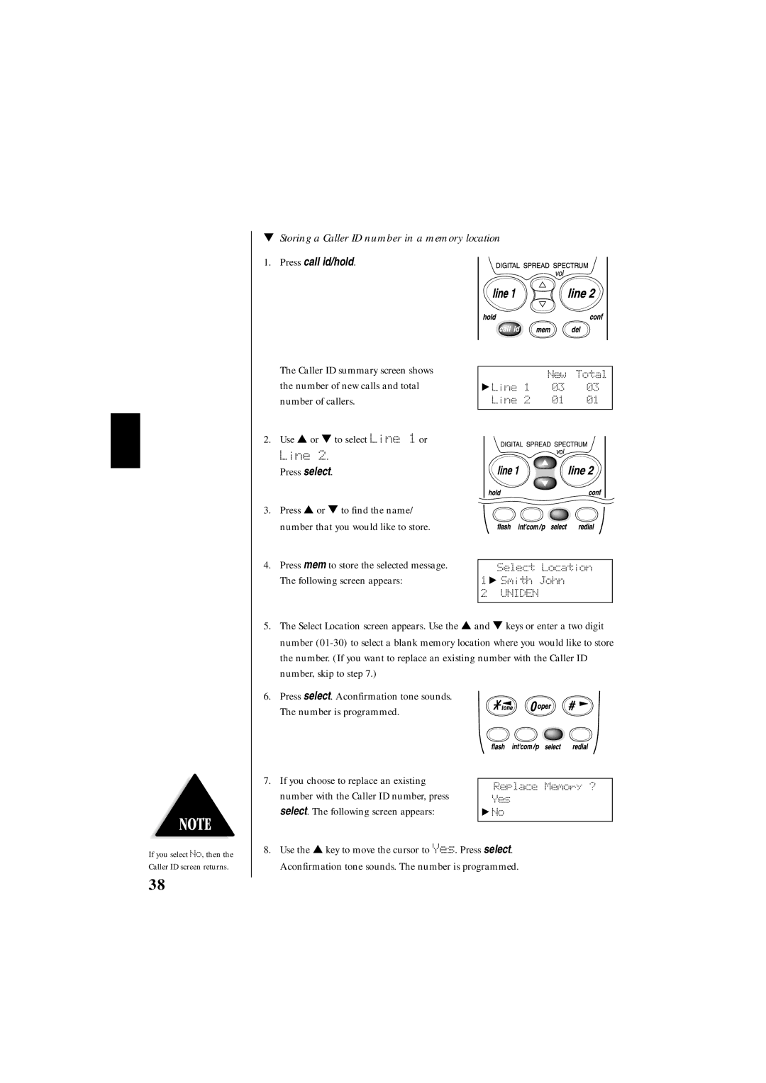 Uniden EXS 9995 manual Storing a Caller ID number in a memory location, Select. The following screen appears 