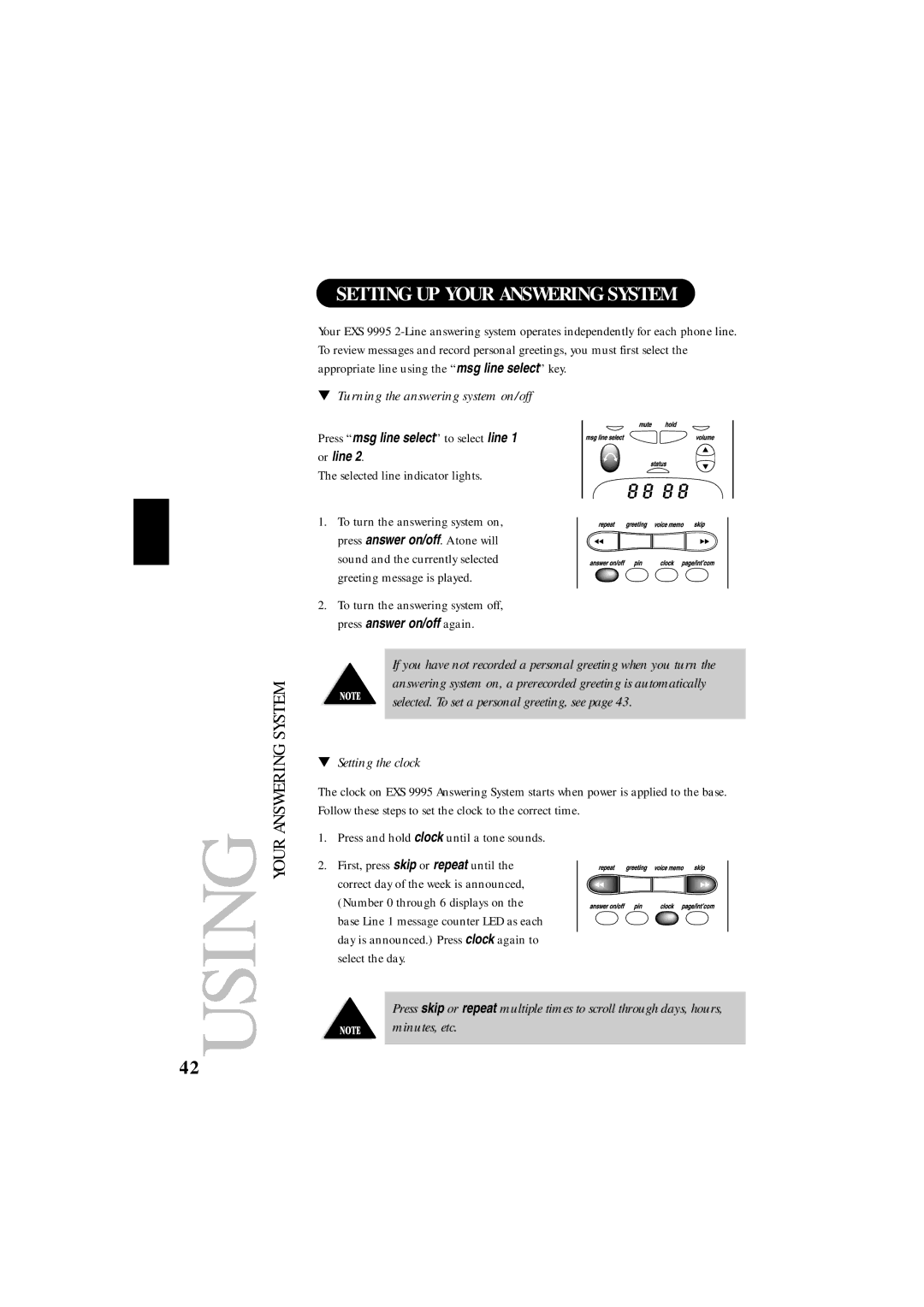 Uniden EXS 9995 manual Setting UP Your Answering System, Turning the answering system on/off 