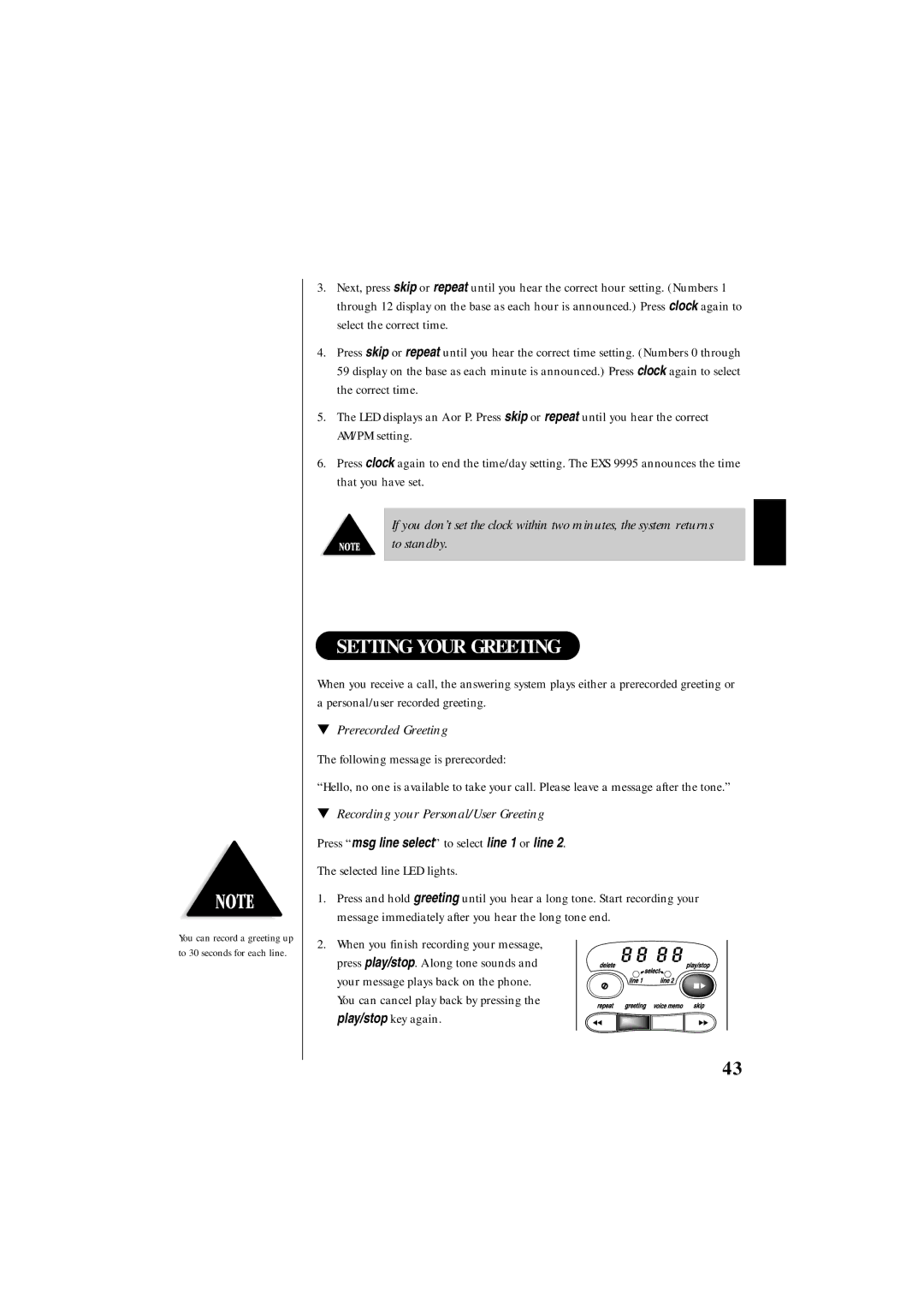 Uniden EXS 9995 manual Setting Your Greeting, Prerecorded Greeting, Recording your Personal/User Greeting 