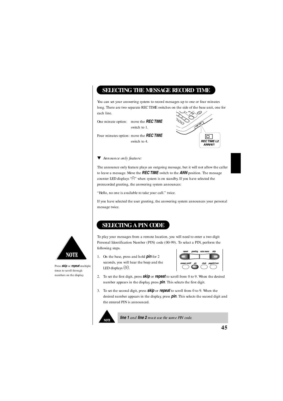 Uniden EXS 9995 manual Selecting a PIN Code, Announce only feature, Line 1 and line 2 must use the same PIN code 