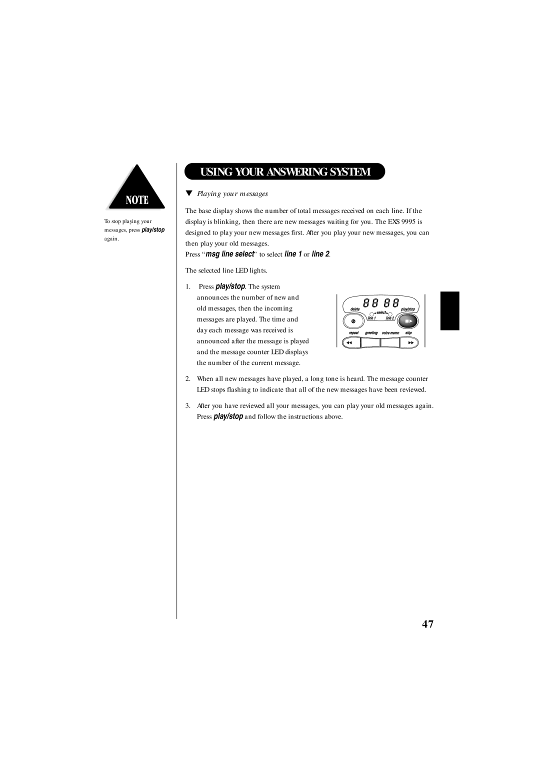 Uniden EXS 9995 manual Using Your Answering System, Playing your messages 