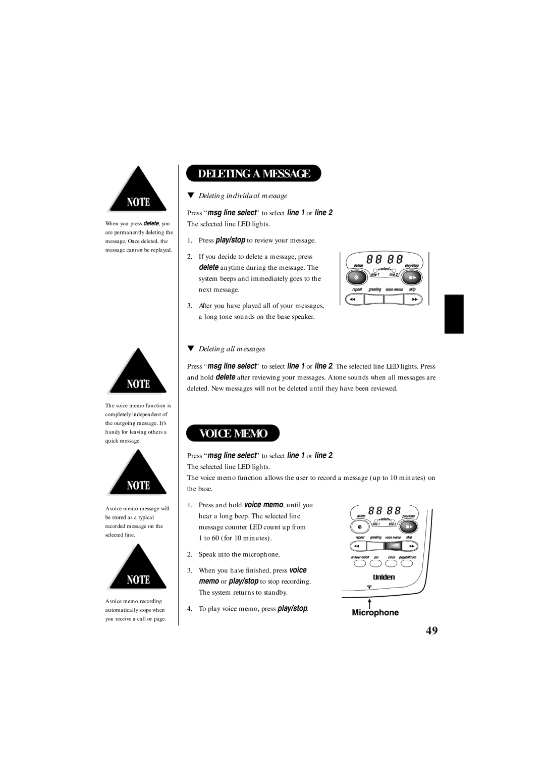 Uniden EXS 9995 manual Deleting a Message, Voice Memo, Deleting individual message, Deleting all messages 