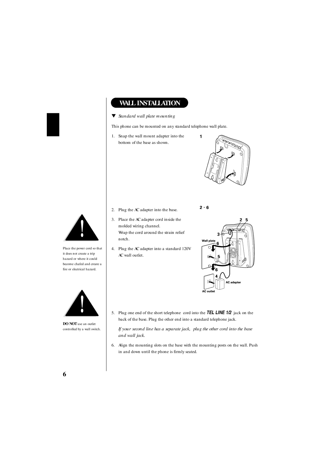 Uniden EXS 9995 manual Wall Installation, Standard wall plate mounting 