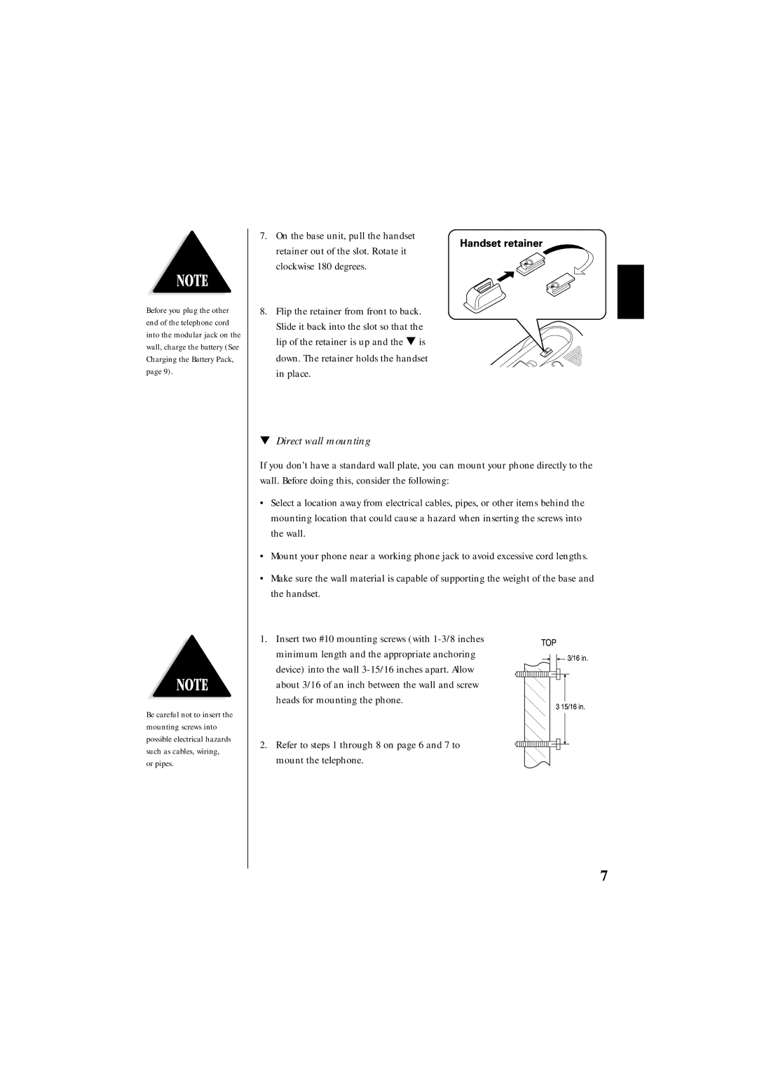 Uniden EXS 9995 manual Direct wall mounting 