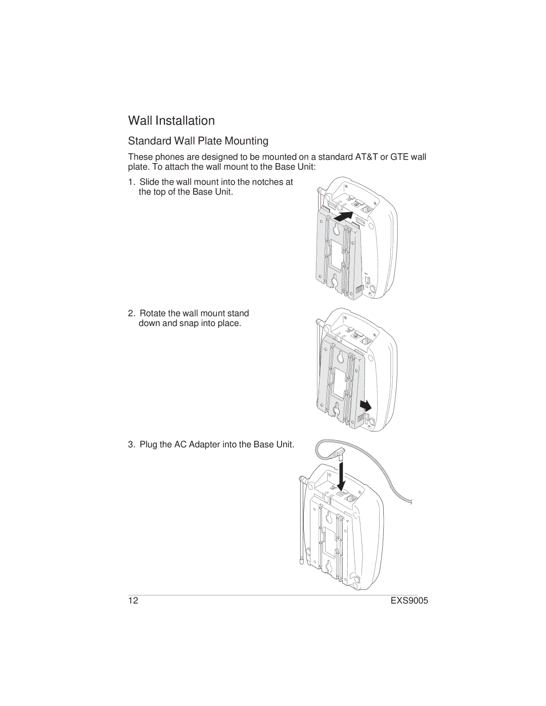 Uniden EXS9005 manual Wall Installation, Standard Wall Plate Mounting 