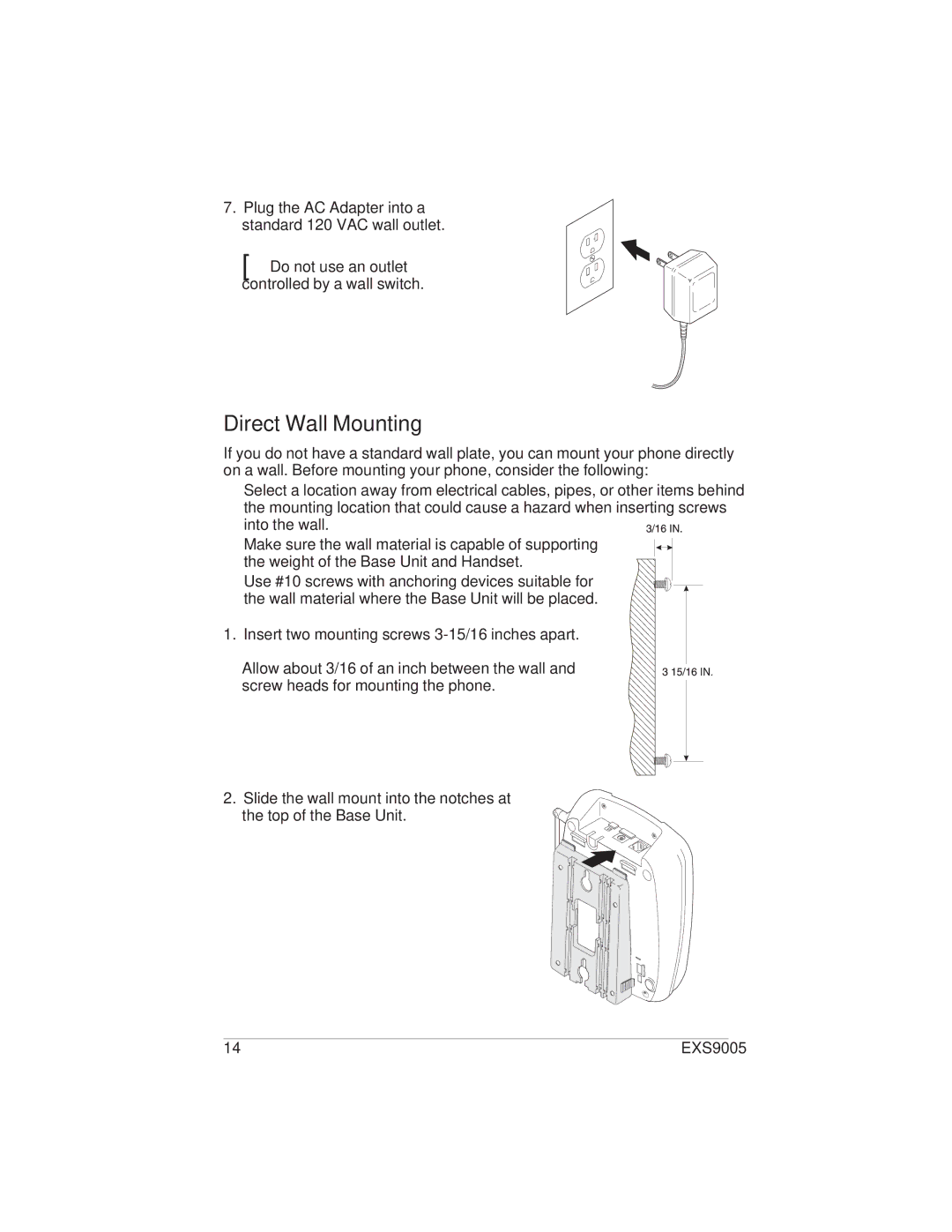 Uniden EXS9005 manual Direct Wall Mounting 