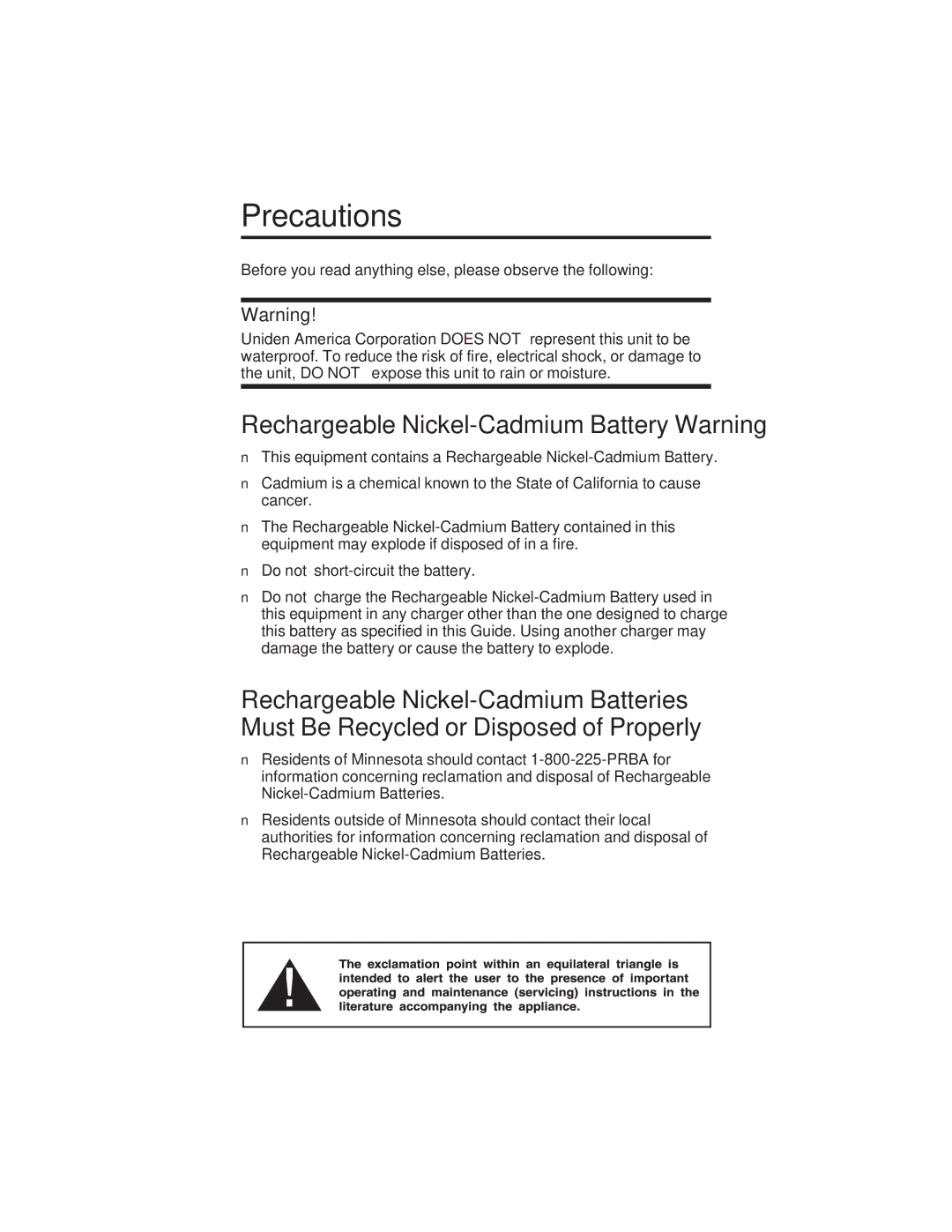 Uniden EXS9005 manual Precautions, Rechargeable Nickel-Cadmium Battery Warning 