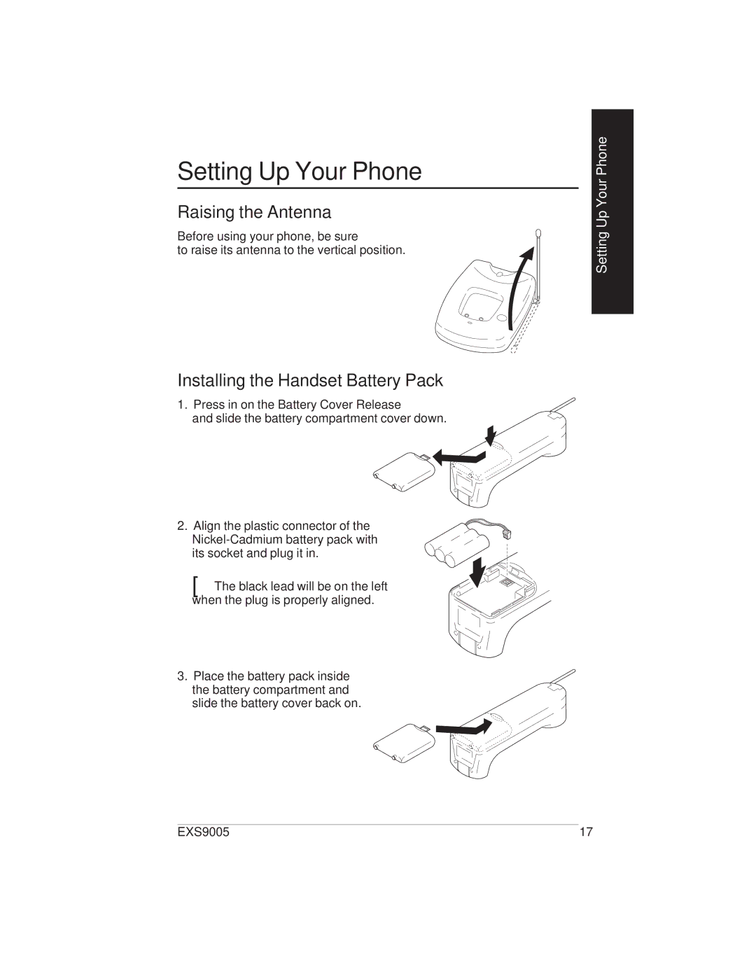 Uniden EXS9005 manual Setting Up Your Phone, Raising the Antenna, Installing the Handset Battery Pack 