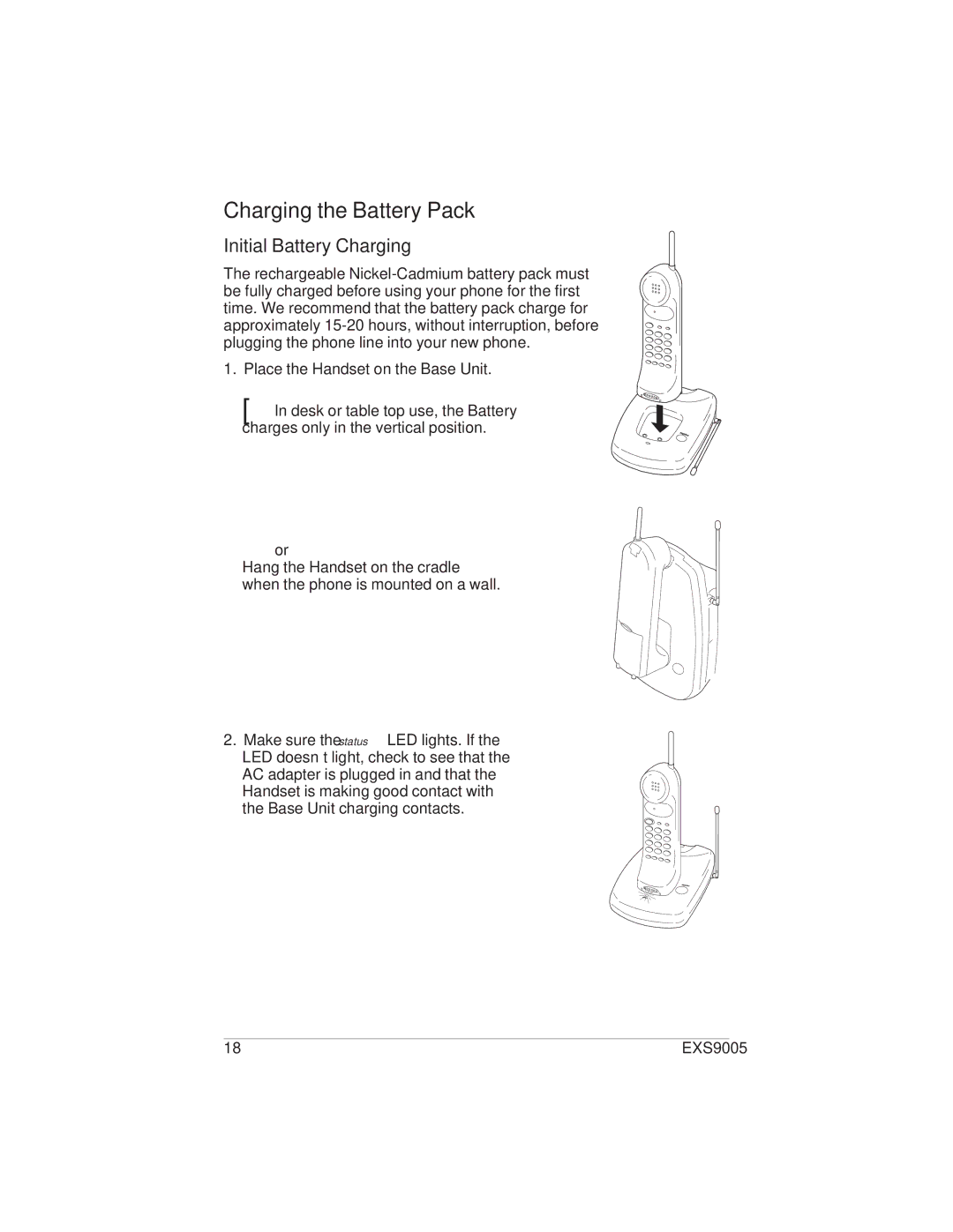 Uniden EXS9005 manual Charging the Battery Pack, Initial Battery Charging 