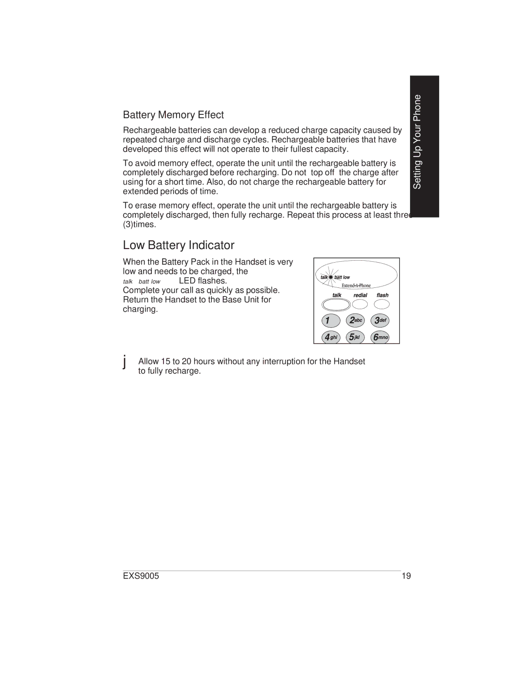 Uniden EXS9005 manual Low Battery Indicator, Battery Memory Effect 