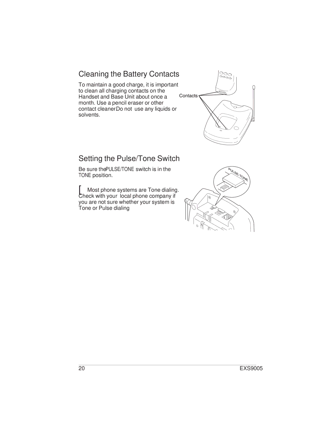 Uniden EXS9005 manual Cleaning the Battery Contacts, Setting the Pulse/Tone Switch 