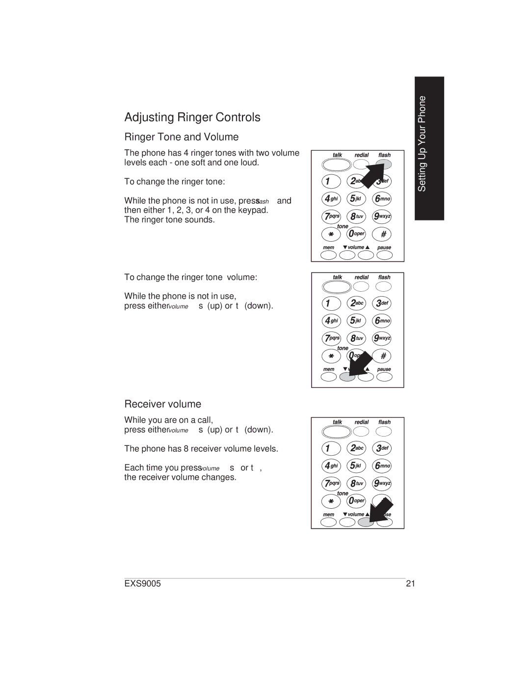 Uniden EXS9005 manual Adjusting Ringer Controls, Ringer Tone and Volume, Receiver volume 