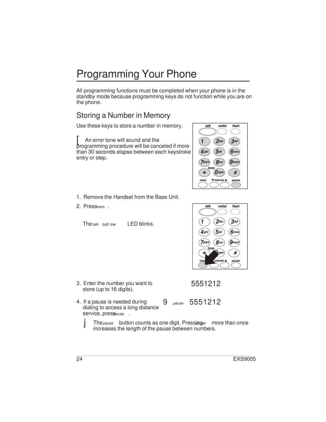 Uniden EXS9005 manual Programming Your Phone, Storing a Number in Memory 