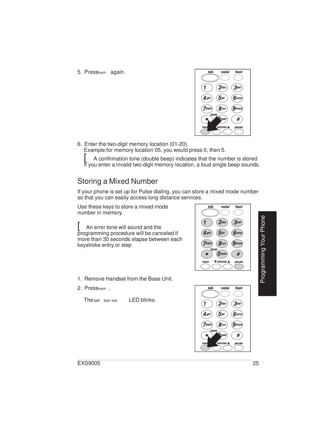 Uniden EXS9005 manual Storing a Mixed Number, Programming Your Phone 