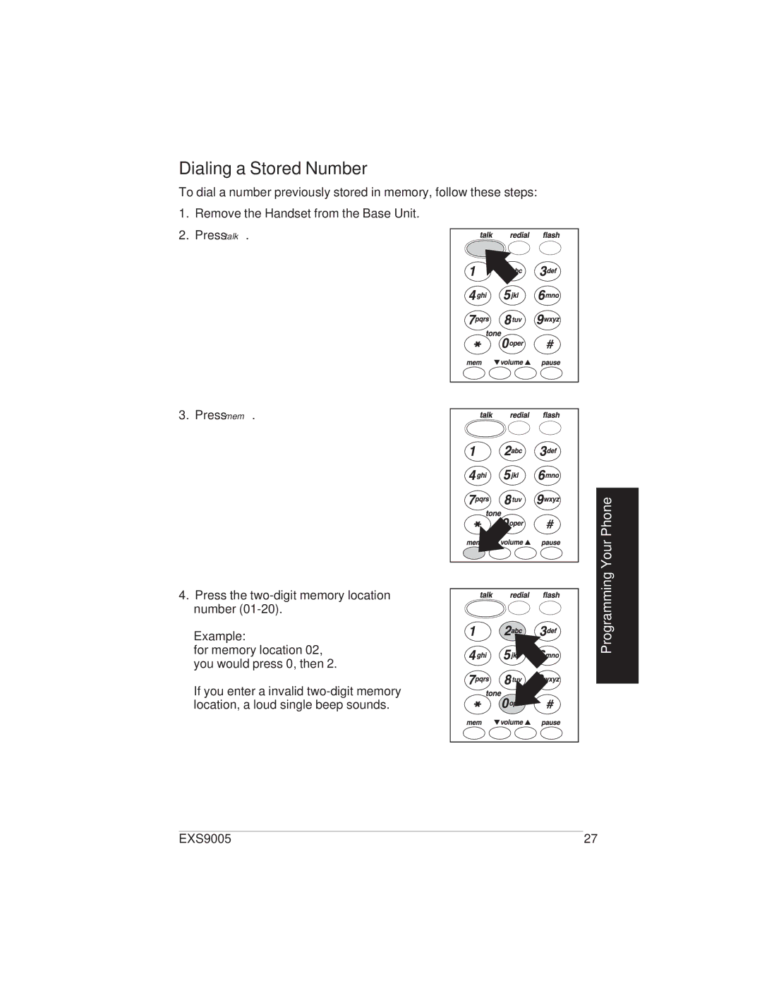 Uniden EXS9005 manual Dialing a Stored Number, Example 