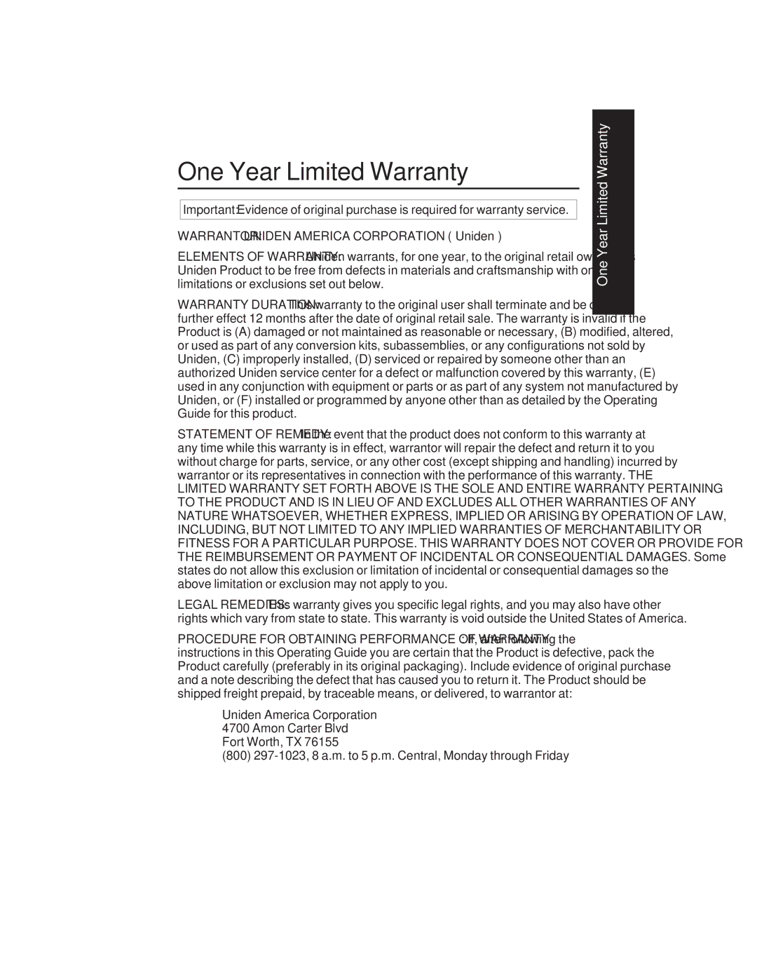 Uniden EXS9005 manual One Year Limited Warranty, Uniden America Corporation 