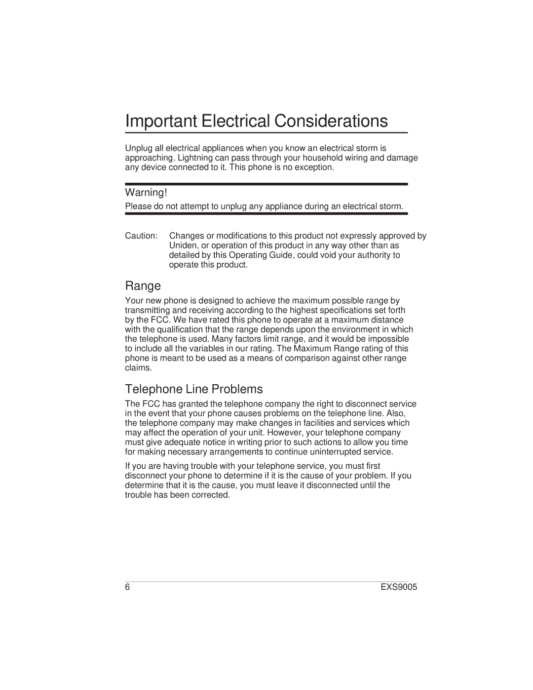 Uniden EXS9005 manual Important Electrical Considerations, Range, Telephone Line Problems 