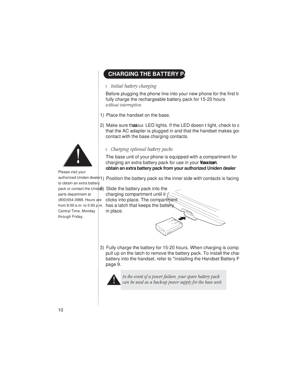 Uniden EXS9110 owner manual Charging the Battery Pack, Initial battery charging, Charging optional battery packs 