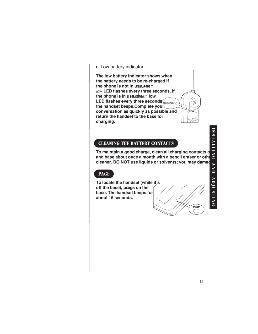 Uniden EXS9110 owner manual Cleaning the Battery Contacts, Low battery indicator 