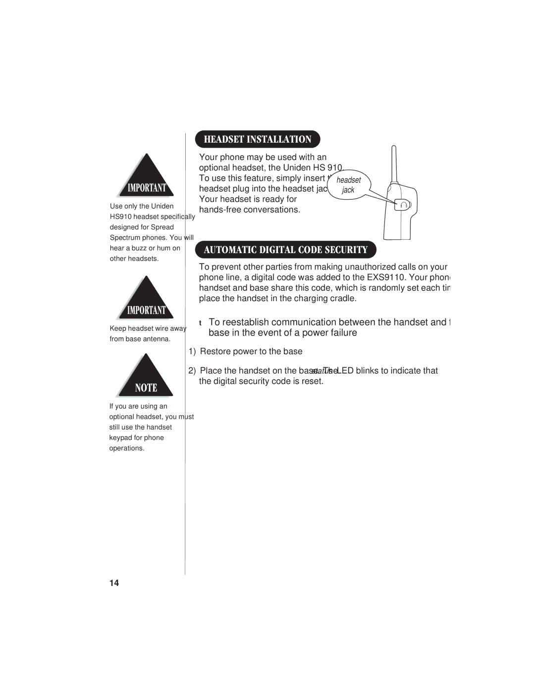 Uniden EXS9110 owner manual Headset Installation, Automatic Digital Code Security 