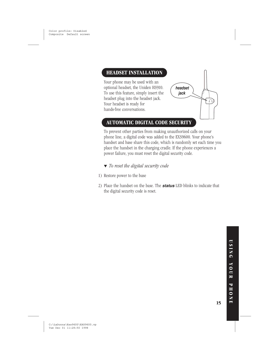 Uniden EXS9600 specifications Headset Installation, Automatic Digital Code Security, To reset the digital security code 