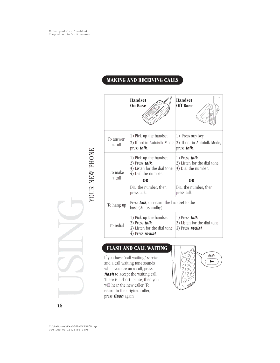 Uniden EXS9600 specifications Making and Receiving Calls, Flash and Call Waiting 