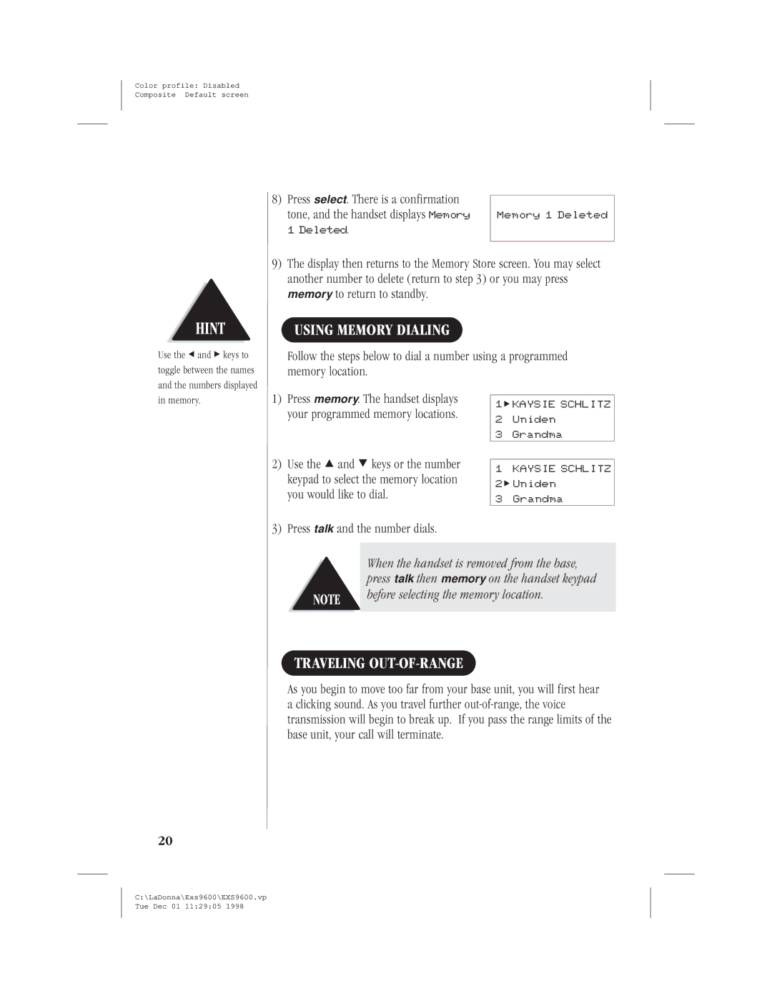 Uniden EXS9600 specifications Using Memory Dialing, Traveling OUT-OF-RANGE 