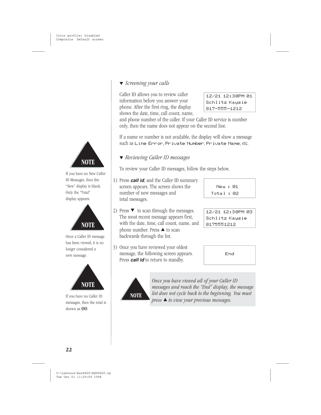 Uniden EXS9600 specifications Screening your calls, Reviewing Caller ID messages 