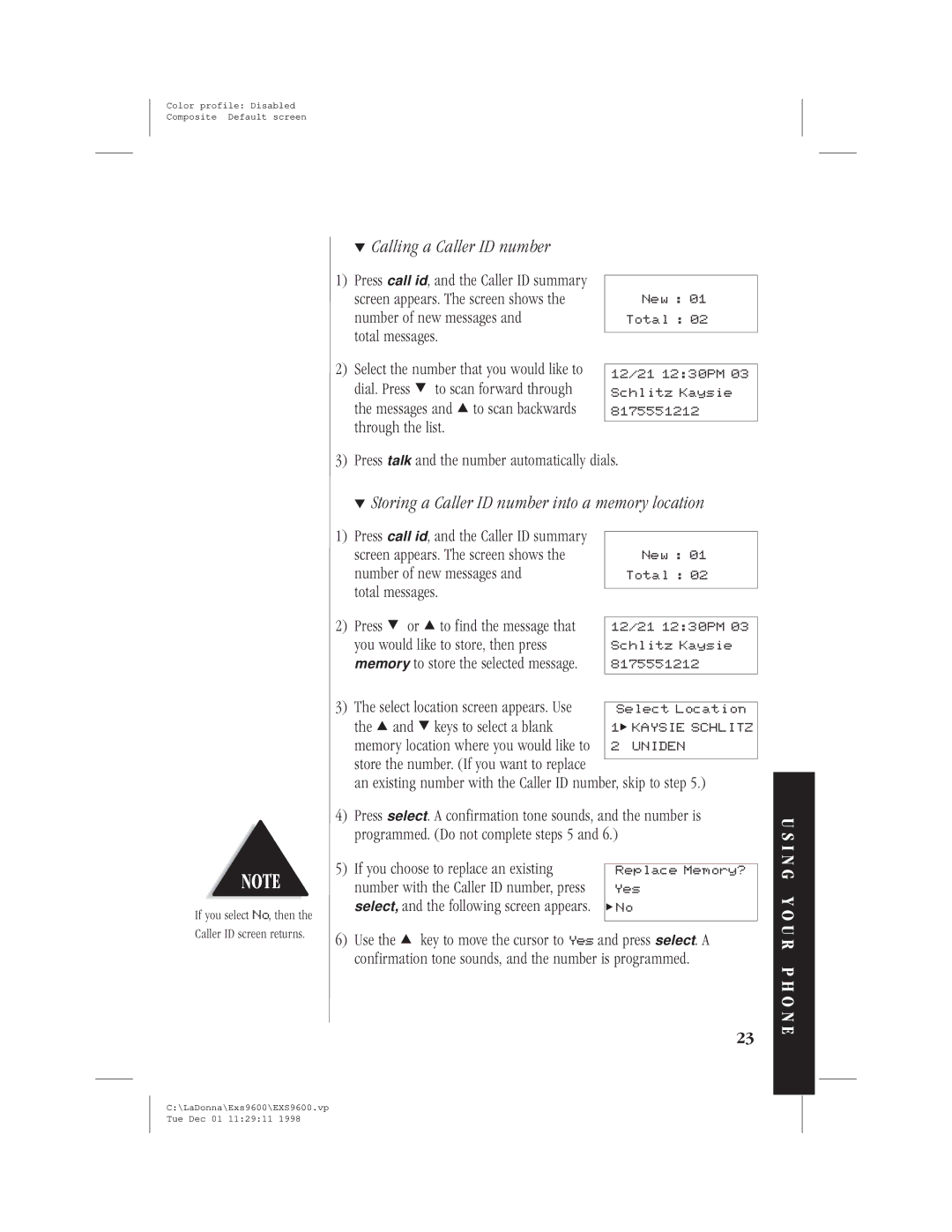 Uniden EXS9600 specifications Calling a Caller ID number, Storing a Caller ID number into a memory location 