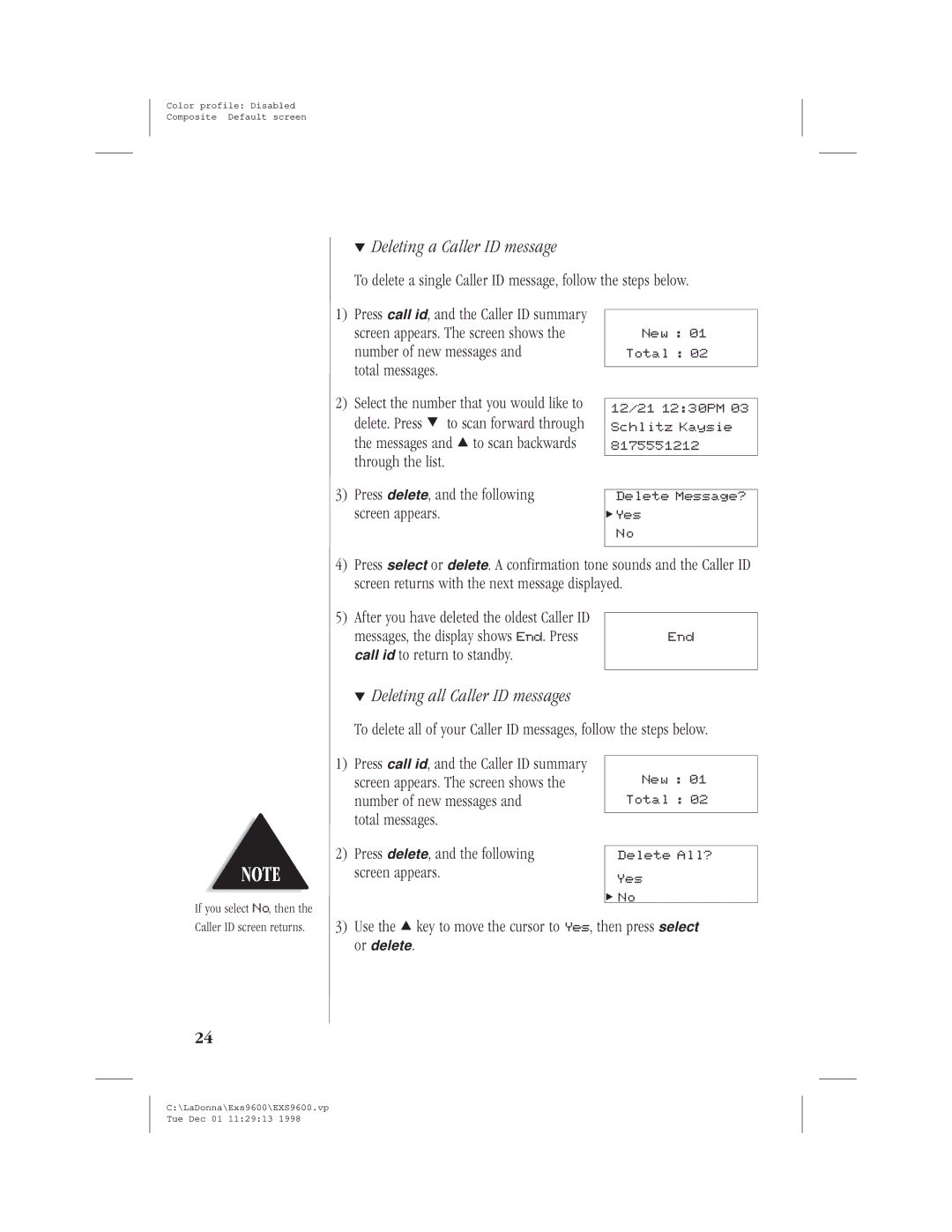 Uniden EXS9600 specifications Deleting a Caller ID message, Deleting all Caller ID messages 