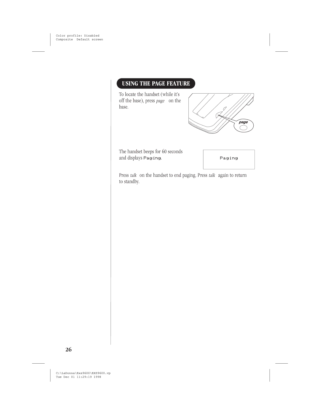 Uniden EXS9600 specifications Using the page Feature 