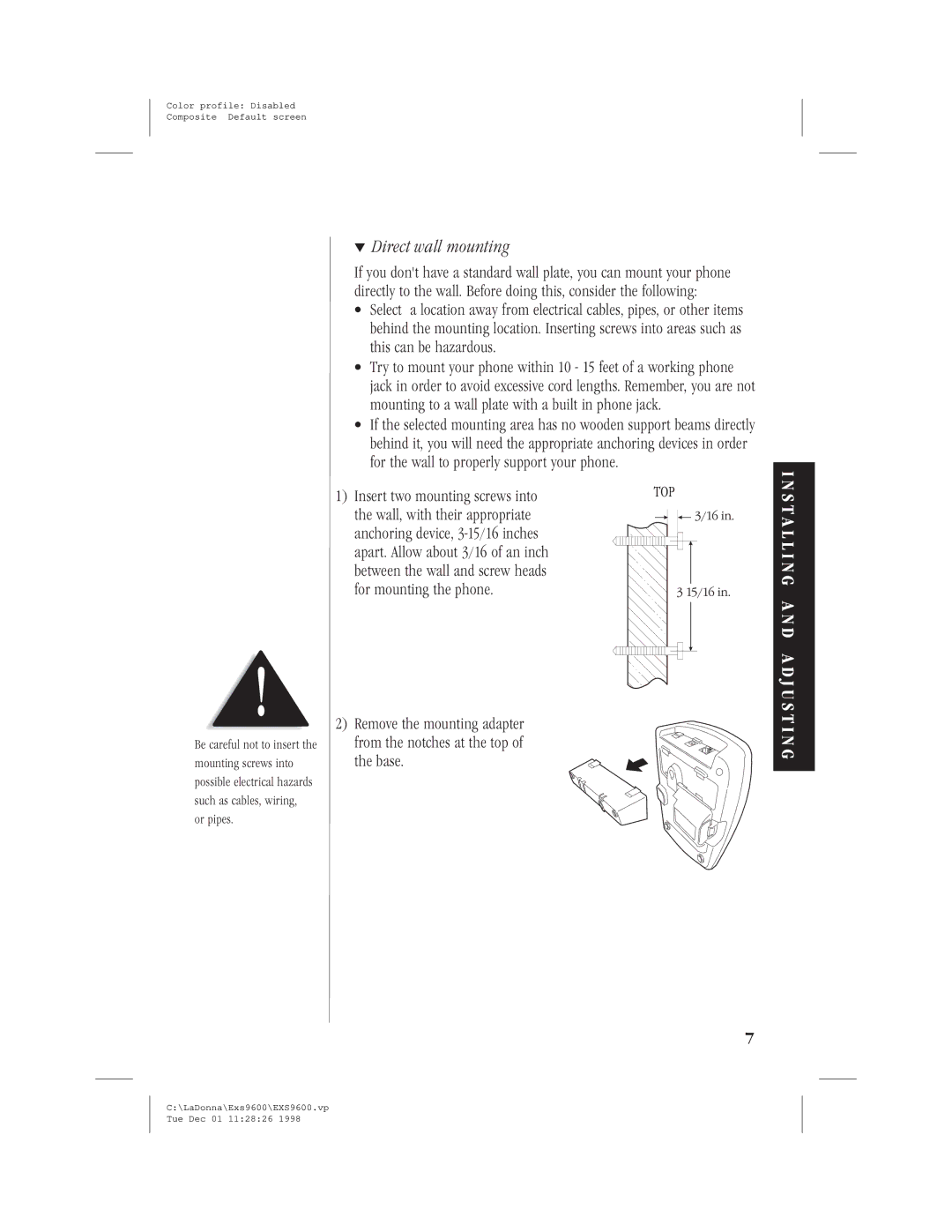 Uniden EXS9600 specifications Direct wall mounting 