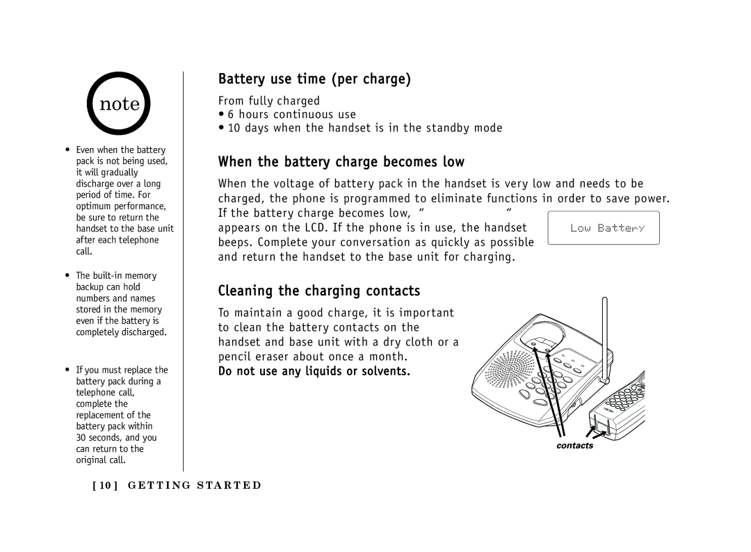 Uniden EXT 1365 Battery use time per charge, When the battery charge becomes low, Cleaning the charging contacts 