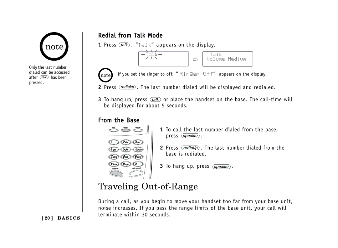 Uniden EXT 1365 owner manual Traveling Out-of-Range, Redial from Talk Mode 