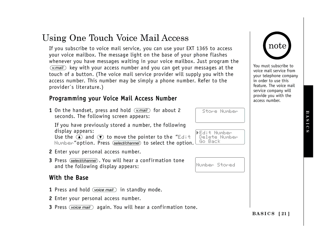 Uniden EXT 1365 owner manual Using One Touch Voice Mail Access, Programming your Voice Mail Access Number, With the Base 