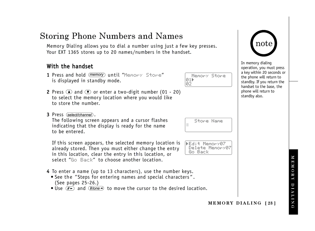 Uniden EXT 1365 owner manual Storing Phone Numbers and Names, With the handset 