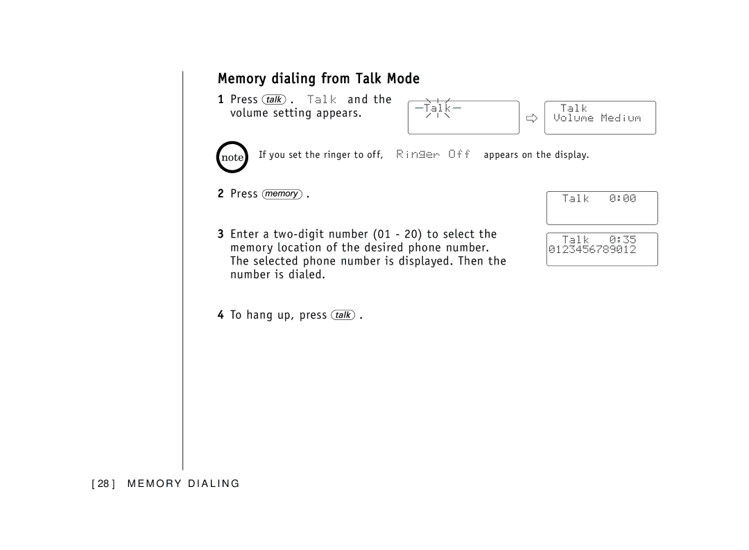 Uniden EXT 1365 owner manual Memory dialing from Talk Mode 