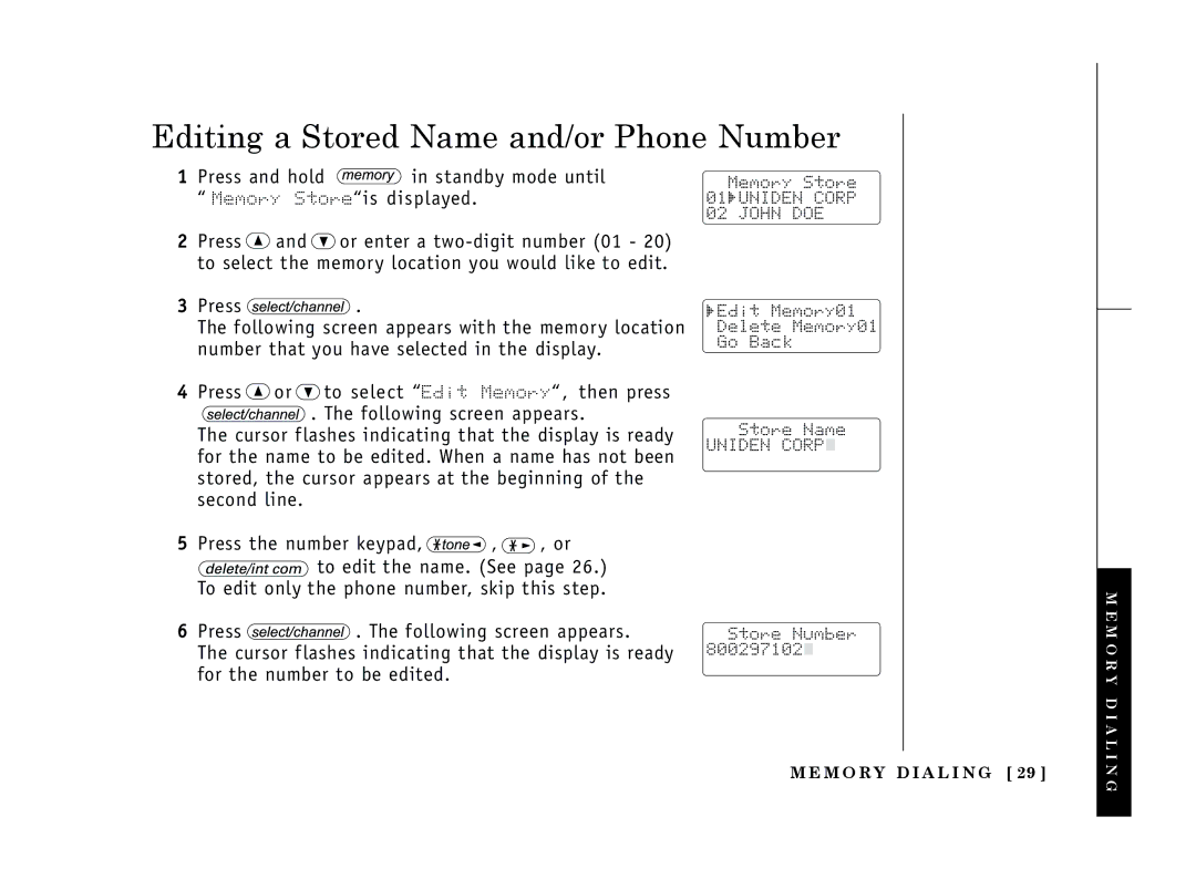 Uniden EXT 1365 owner manual Editing a Stored Name and/or Phone Number 