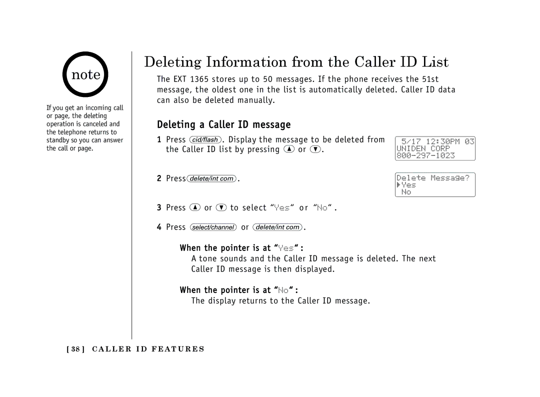 Uniden EXT 1365 owner manual Deleting Information from the Caller ID List, Deleting a Caller ID message 