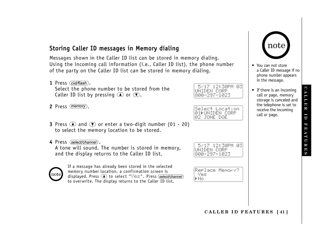 Uniden EXT 1365 owner manual Storing Caller ID messages in Memory dialing 