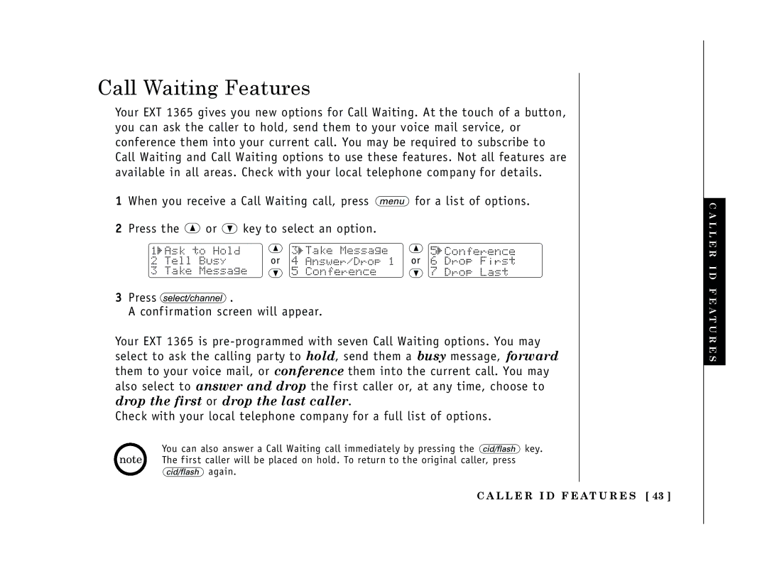 Uniden EXT 1365 owner manual Call Waiting Features 