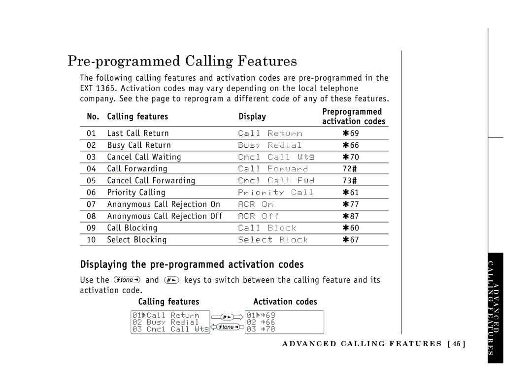 Uniden EXT 1365 owner manual Pre-programmed Calling Features, Displaying the pre-programmed activation codes 