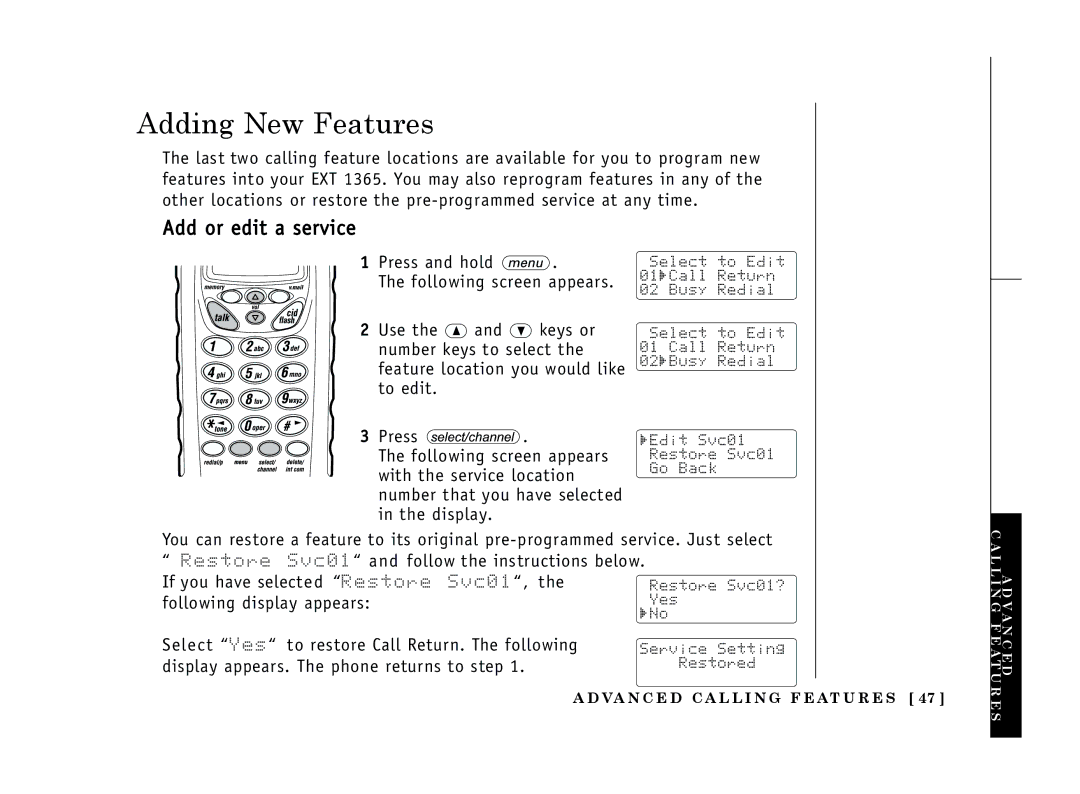 Uniden EXT 1365 owner manual Adding New Features, Add or edit a service 