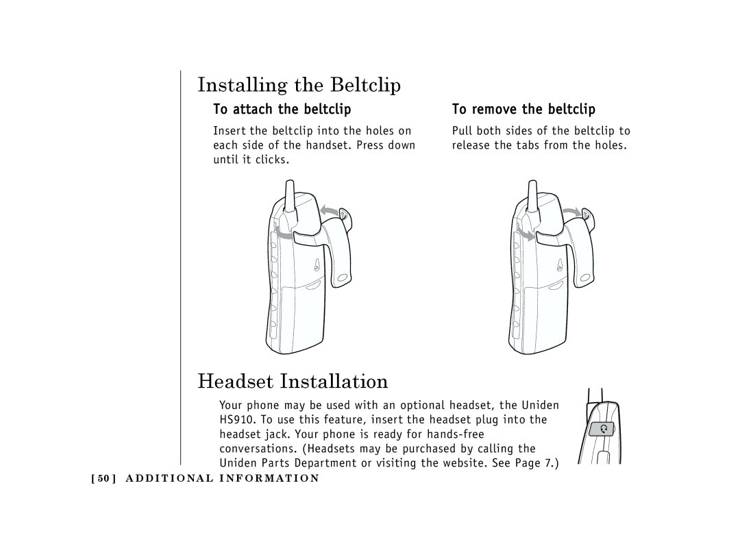 Uniden EXT 1365 owner manual Installing the Beltclip, Headset Installation, To attach the beltclip To remove the beltclip 