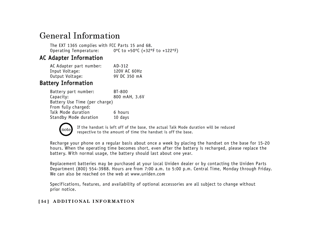 Uniden EXT 1365 owner manual General Information, AC Adapter Information, Battery Information 