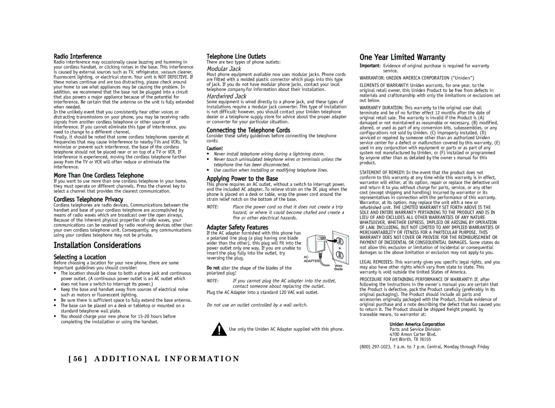 Uniden EXT 1365 owner manual Installation Considerations 